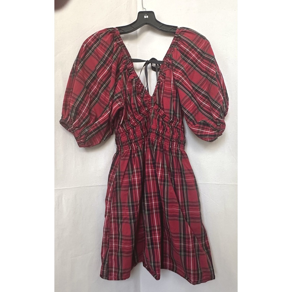 Old Navy Milkmaid Peasant Red Tartan Plaid Smocked Puff Sleeve Mini Dress Sz. XS